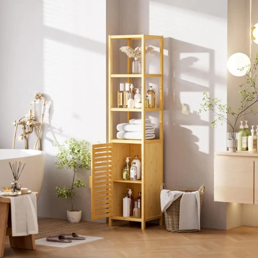 Mueble Estanteria Bambu 169cm con 1 Puerta 3 Estantes Natural ideal para Baño Alacena Organizador Gabinete